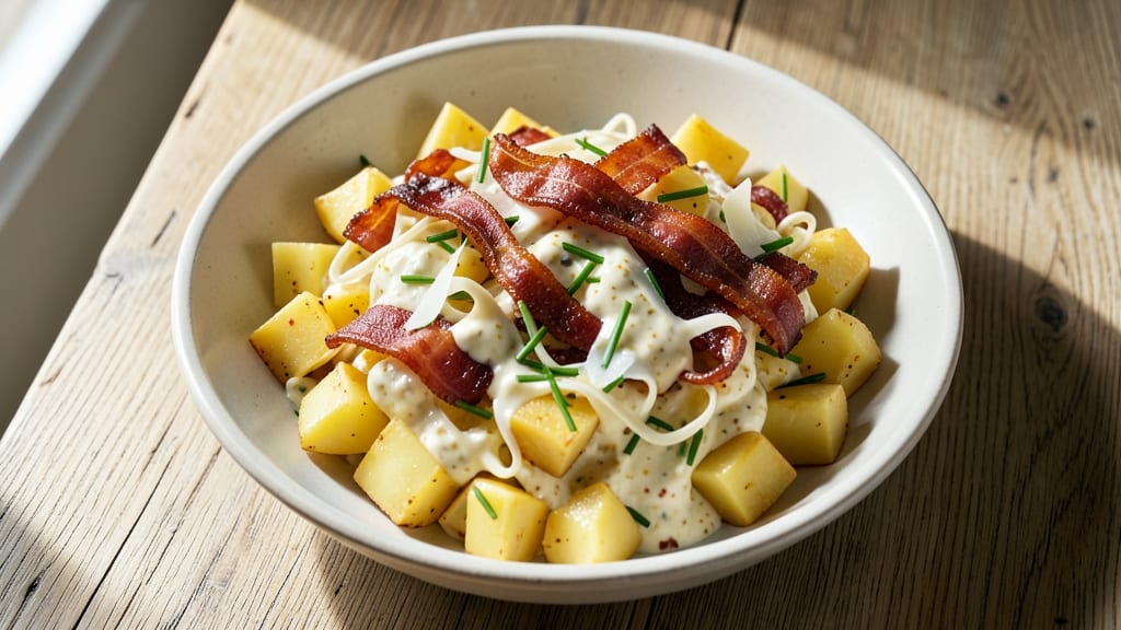 Bacon Cheddar Potato Salad Recipe: Crispy Bacon Bites and Creamy Cheese Swirls