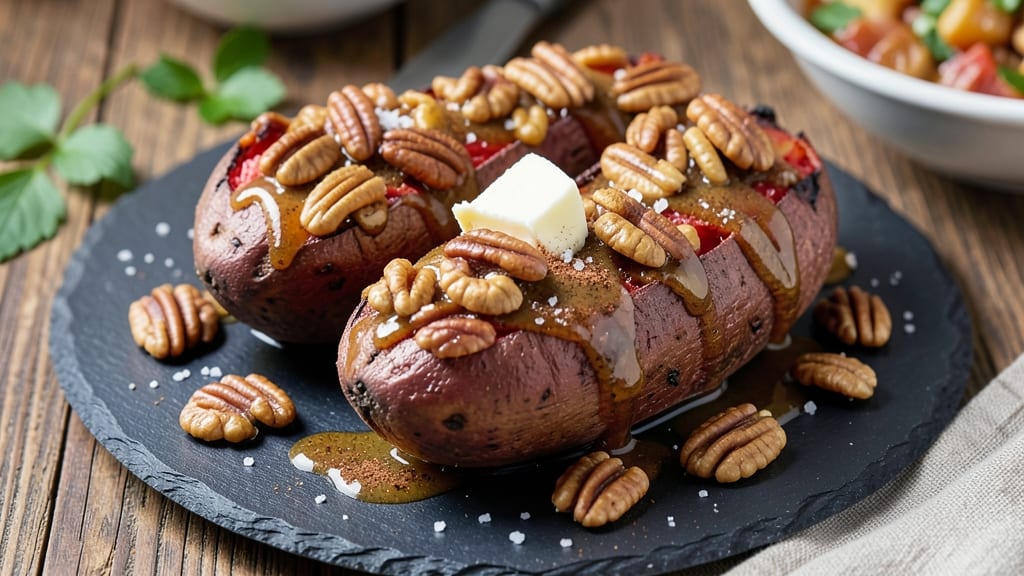 Baked Sweet Potato with Pecan Topping Recipe: Crunchy Caramelized Pecan Crown Over Silky Spuds