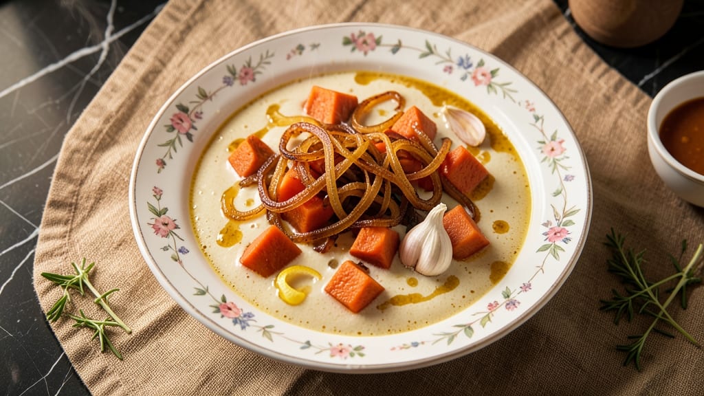 Sweet Potato and Onion Soup Recipe: Velvety Spiced Swirl With Toasted Crunch Top