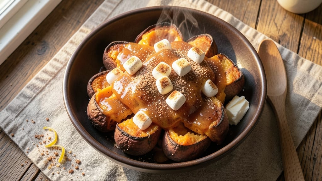 Twice Baked Sweet Potato Recipe with Marshmallows: Gooey Caramelized Top and Crispy Edges