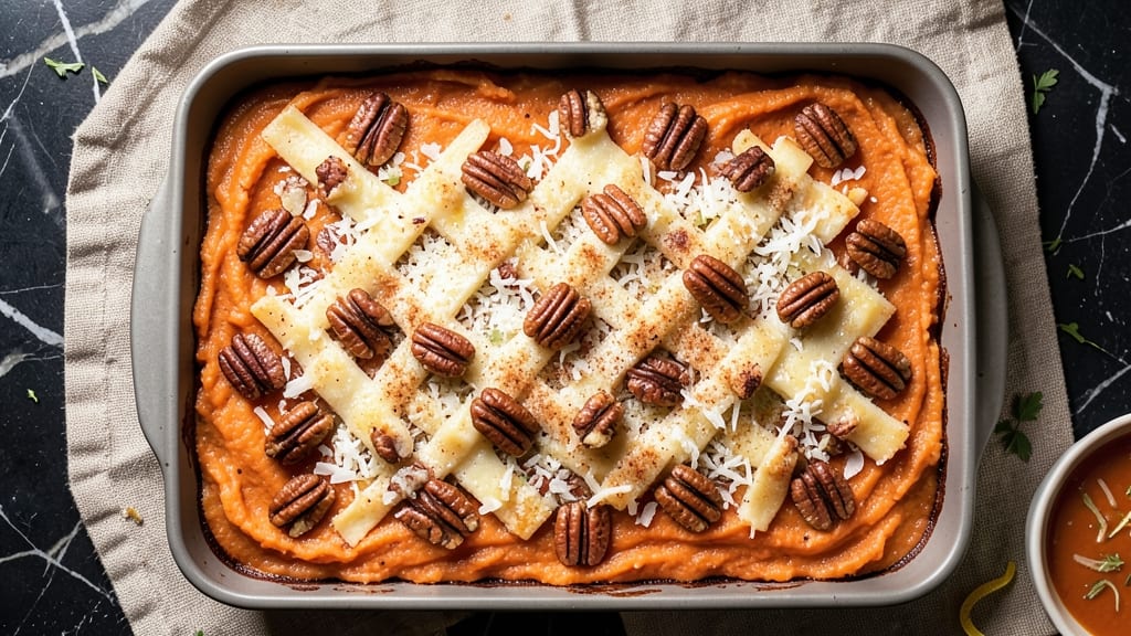 Sweet Potato Casserole Recipe With Pecan and Coconut Topping: Crunchy-Sweet Nutty Crown Over Spiced Filling