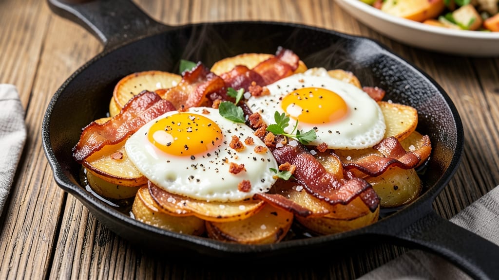 Bacon Egg Potato Skillet Recipe: Crispy Hash with Crumbled Bacon Bits