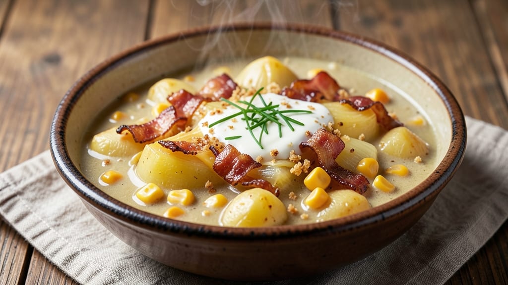 Baked Potato Corn Chowder Recipe: Creamy Velvety Texture With Golden Corn Crunch