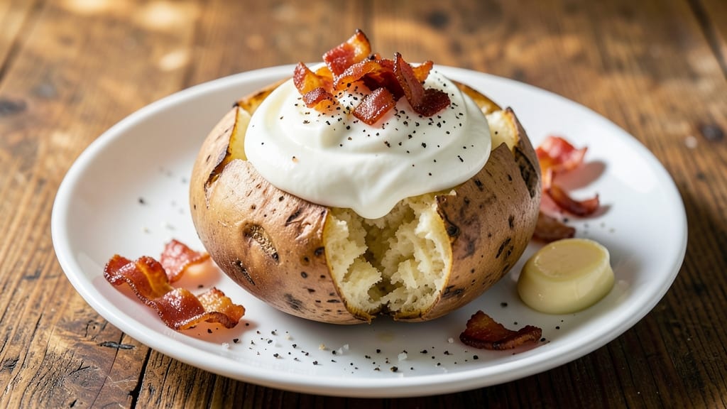 Baked Potato With Sour Cream and Bacon Bits Recipe: Crispy Skin, Smoky Crunch, Creamy Swirl