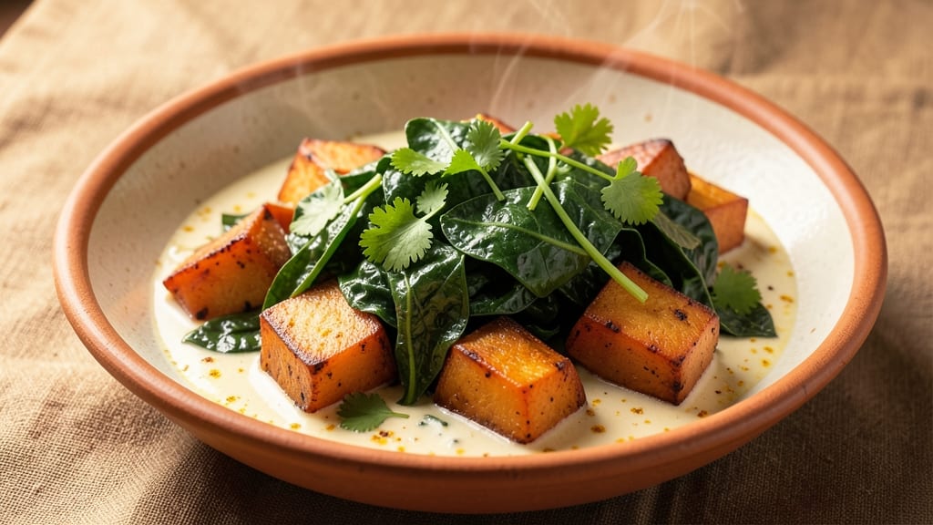 Sweet Potato And Spinach Indian Recipe: Spiced Coconut Cream And Turmeric Harmony